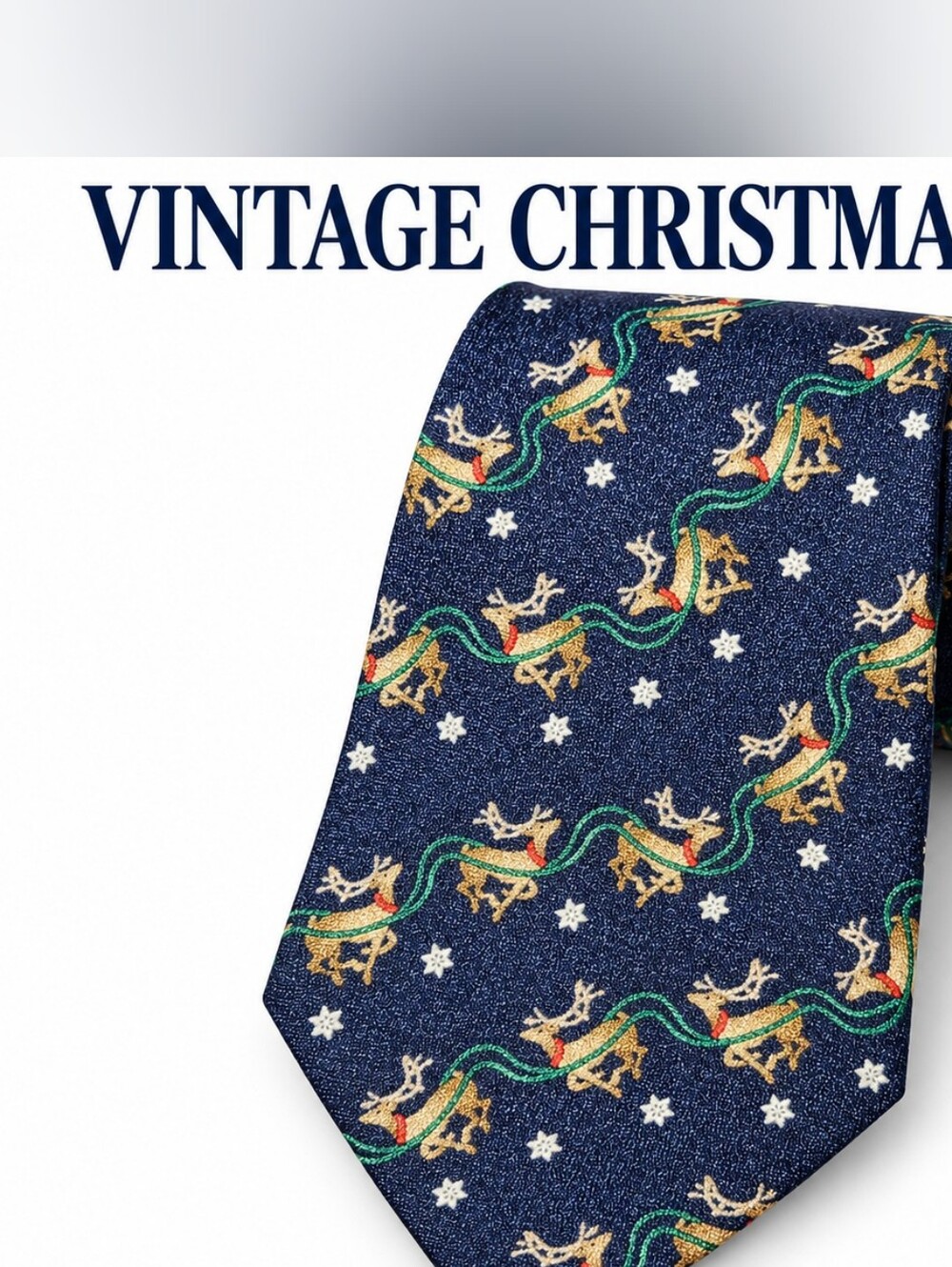 Men's Navy Holiday Tie with Gold Reindeer and Green Sleigh Accents by